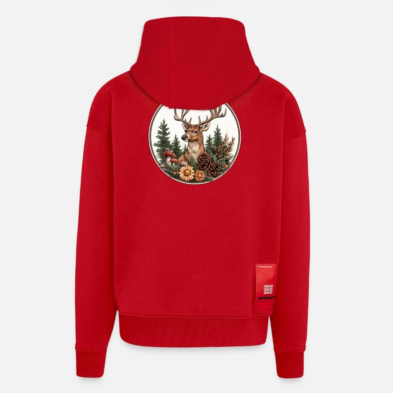 Cerf dans la forêt couronne - Veste à capuche bio épaisse oversize fabriqué en UE - rouge