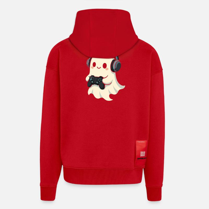 Ghost with Headphones Game Controller - Zip Hoodie - made by SPREAD - red