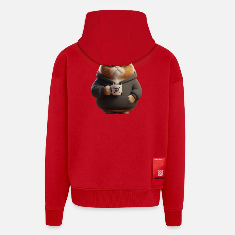 Grim Cat Café Râleux du matin - Veste à capuche bio épaisse oversize fabriqué en UE - rouge