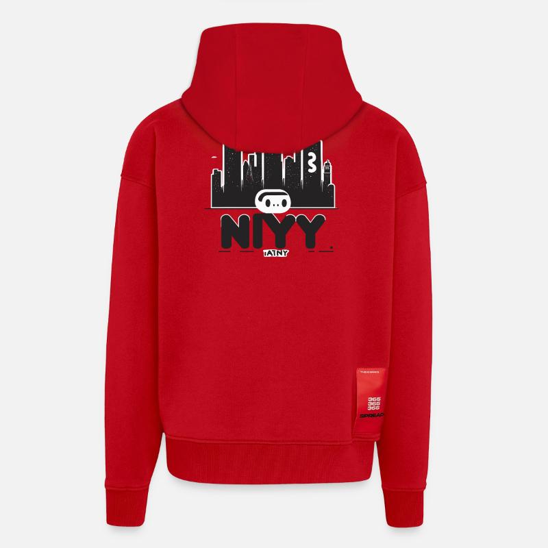 Impression de la Skyline des Robots de New York - Veste à capuche bio épaisse oversize fabriqué en UE - rouge