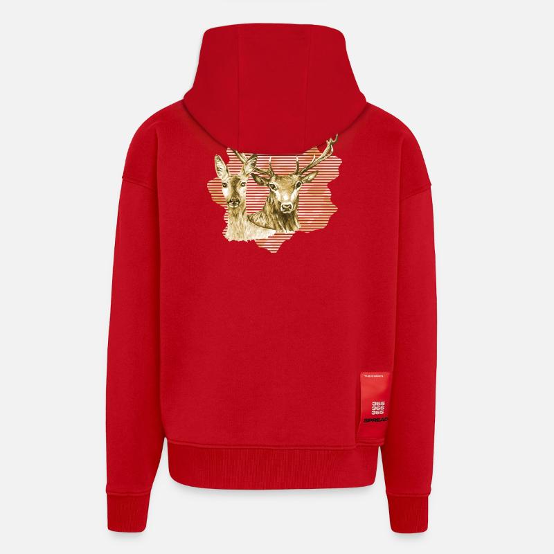 Cerf et biche - Veste à capuche bio épaisse oversize fabriqué en UE - rouge