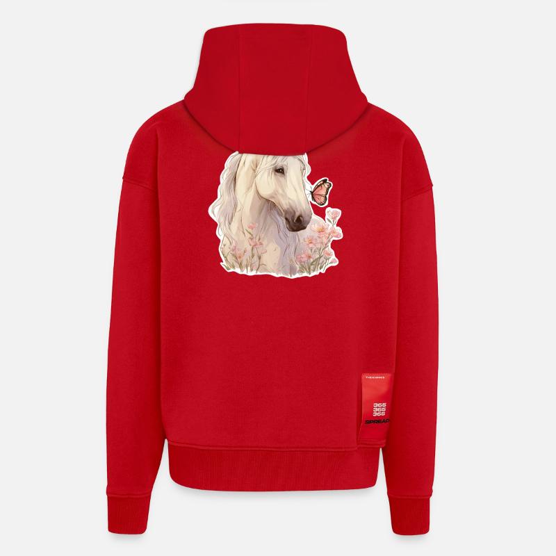 Cheval avec papillon - Veste à capuche bio épaisse oversize fabriqué en UE - rouge