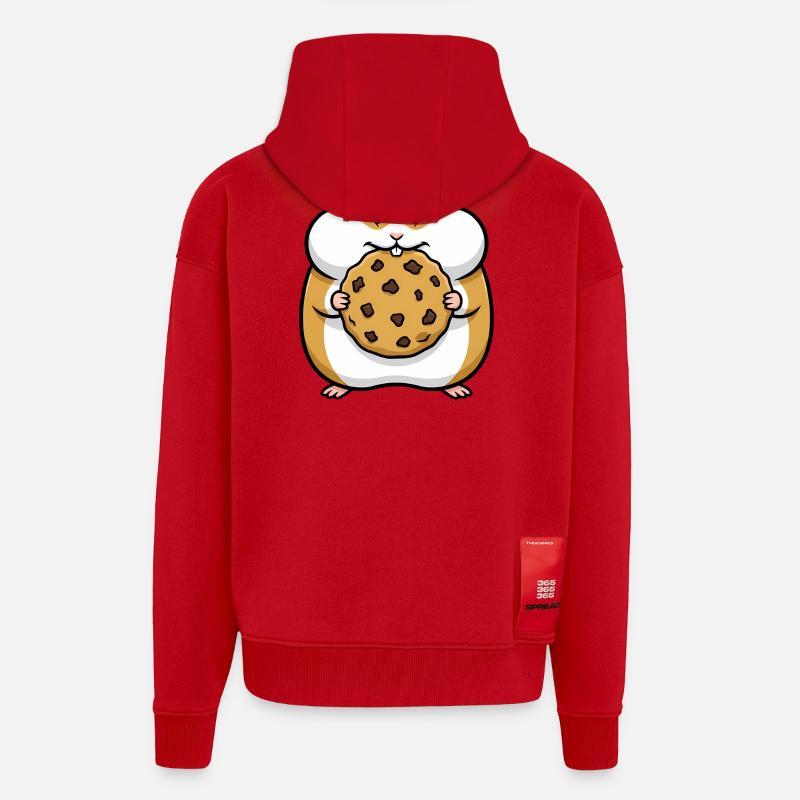 Dessin animé Hamster avec Cookie - Veste à capuche bio épaisse oversize fabriqué en UE - rouge