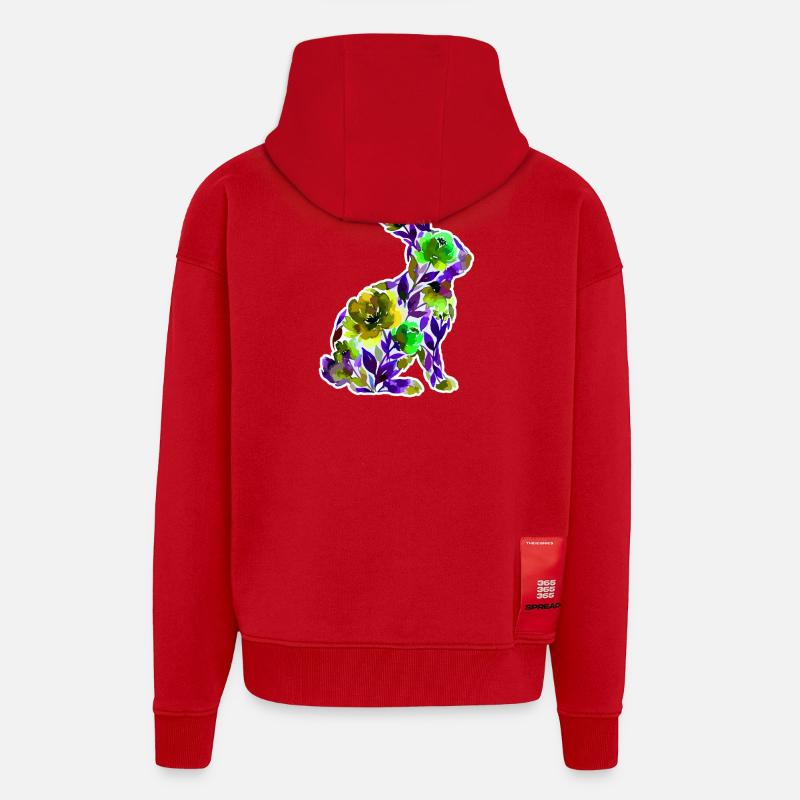 Fleurs en forme de lapin - Veste à capuche bio épaisse oversize fabriqué en UE - rouge