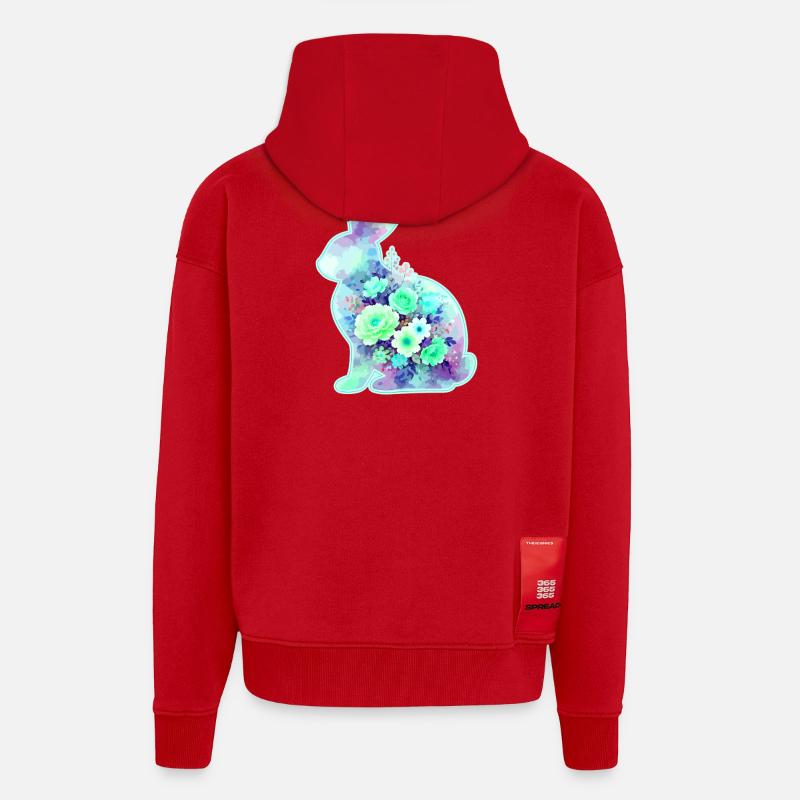 Fleurs aquarelles de lapin à Pâques - Veste à capuche bio épaisse oversize fabriqué en UE - rouge