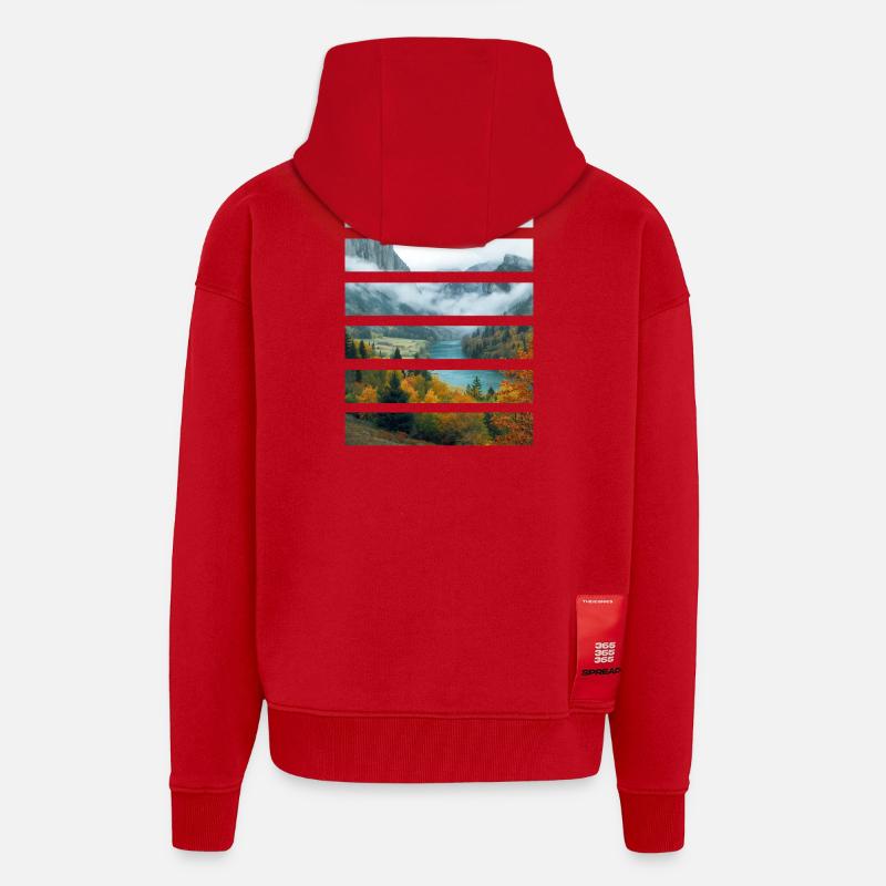 Vallées dAutomne et Lac Paisible - Veste à capuche bio épaisse oversize fabriqué en UE - rouge