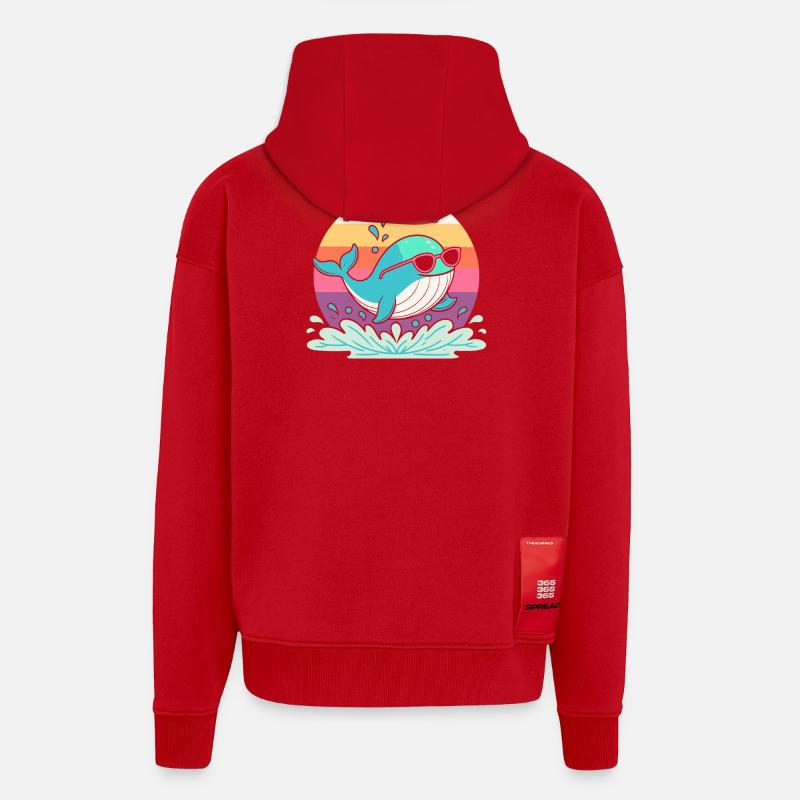 Baleine Surf Arc en Ciel Rétro - Veste à capuche bio épaisse oversize fabriqué en UE - rouge