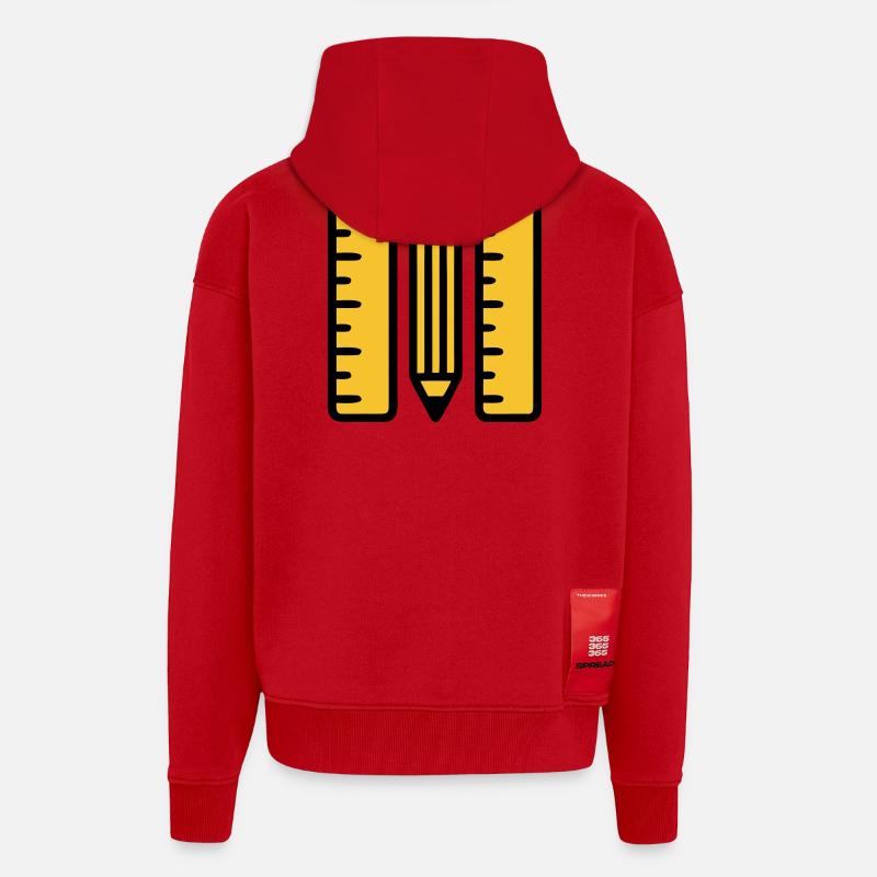 Règles-stylo dessinant l’architecture - Veste à capuche bio épaisse oversize fabriqué en UE - rouge