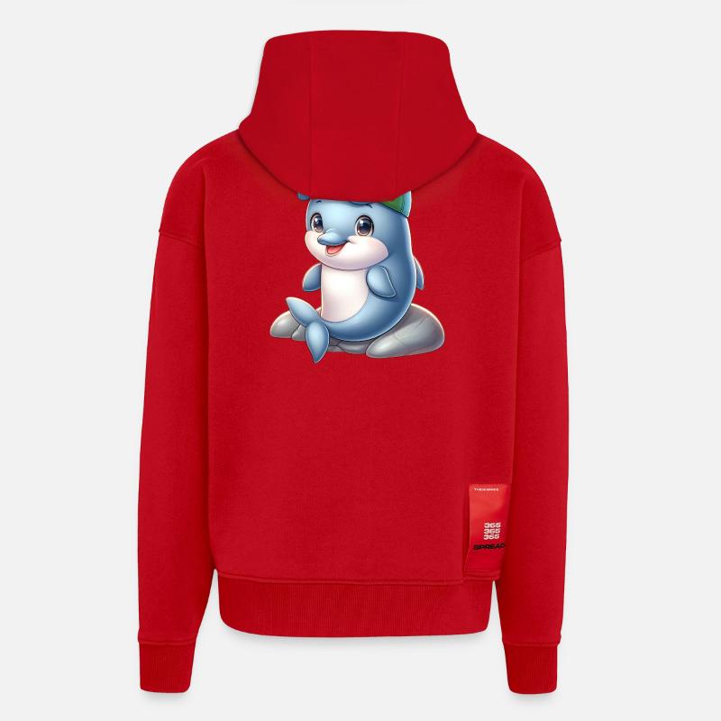 Dauphin joyeux avec un bonnet arc-en-ciel - Veste à capuche bio épaisse oversize fabriqué en UE - rouge