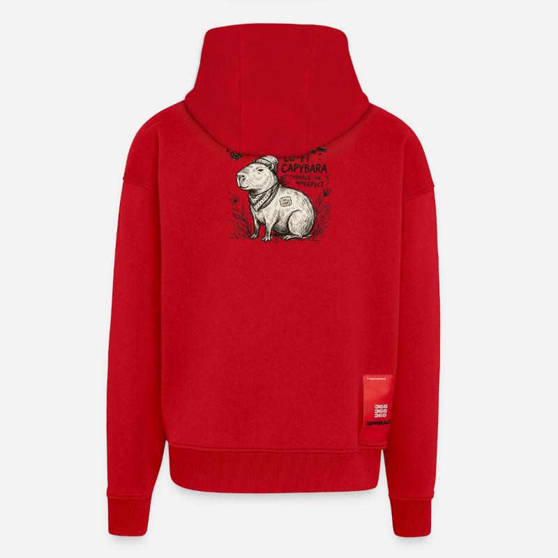 Œuvres LoFi de Capybara Chill - Veste à capuche bio épaisse oversize fabriqué en UE - rouge