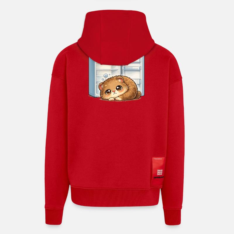 Petit chat devant un réfrigérateur ouvert - Veste à capuche bio épaisse oversize fabriqué en UE - rouge