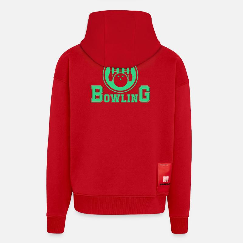 Conception de main de bowling rétro - Veste à capuche bio épaisse oversize fabriqué en UE - rouge