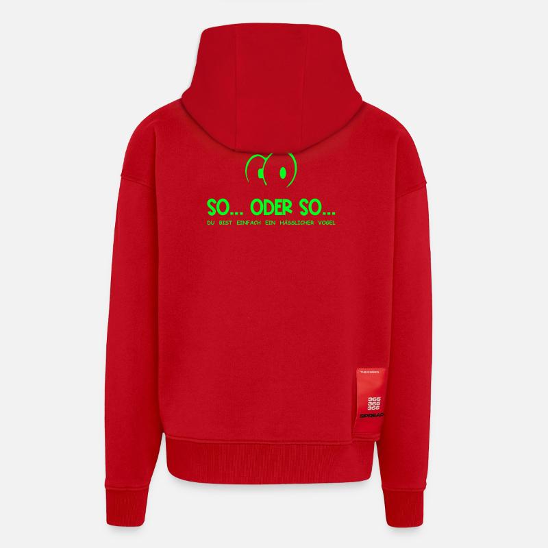 So...Oder So: Hässlicher Vogel - Neongrün - Zip Hoodie - made by SPREAD - Rot