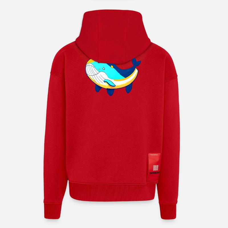 Baleine amicale avec bébé baleine - Veste à capuche bio épaisse oversize fabriqué en UE - rouge