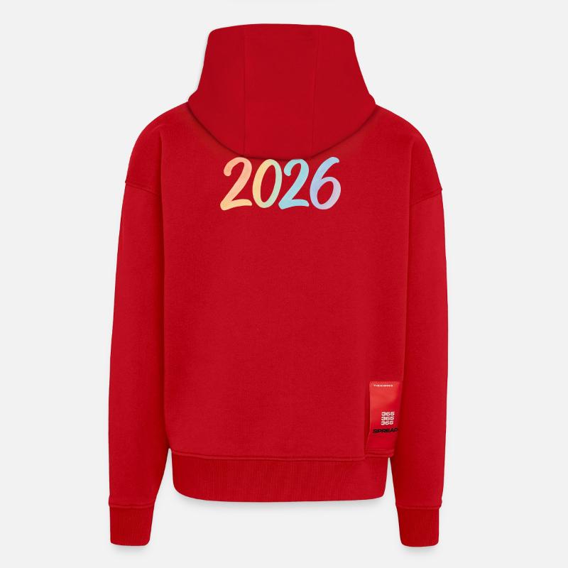 Conception des chiffres à l’aquarelle 2026 - Veste à capuche bio épaisse oversize fabriqué en UE - rouge