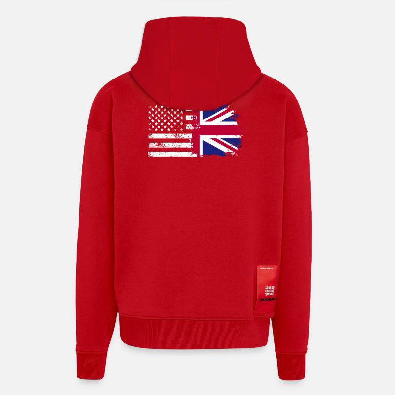 Grunge États-Unis Royaume-Uni Drapeau Mashup - Veste à capuche bio épaisse oversize fabriqué en UE - rouge