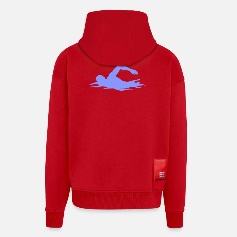 Silhouette de nage au-dessus des vagues - Veste à capuche bio épaisse oversize fabriqué en UE - rouge