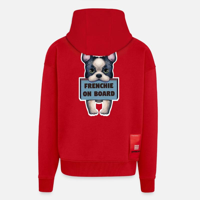 Sticker bouledogue français à bord - Veste à capuche bio épaisse oversize fabriqué en UE - rouge