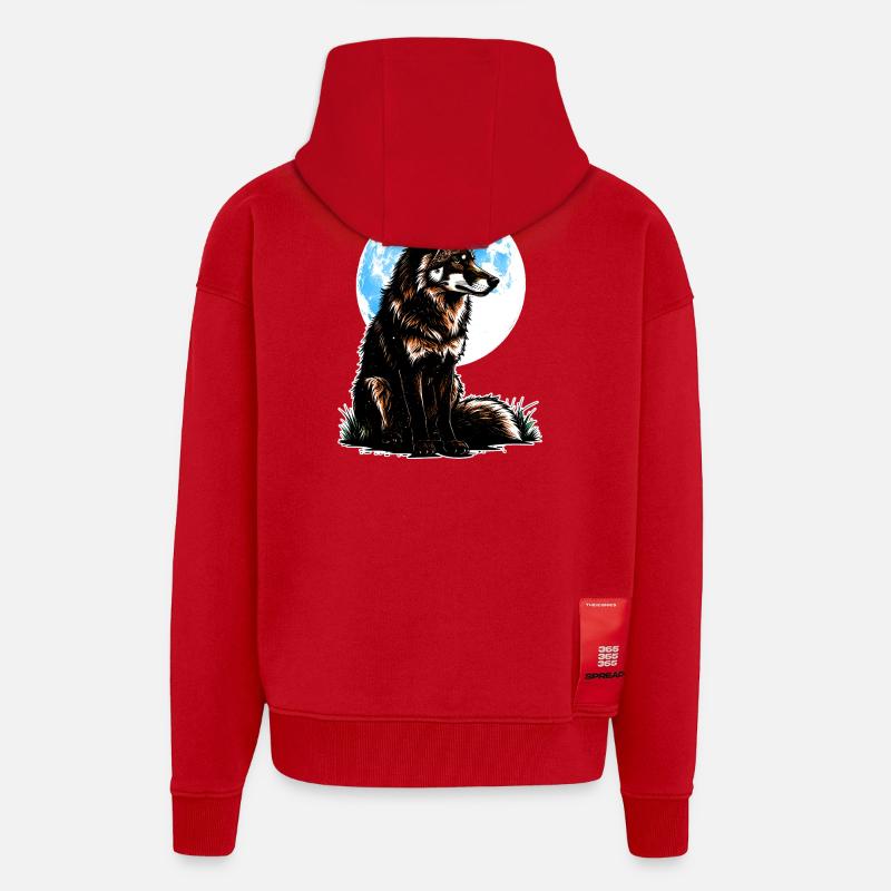 Un loup devant une lune bleue - Veste à capuche bio épaisse oversize fabriqué en UE - rouge