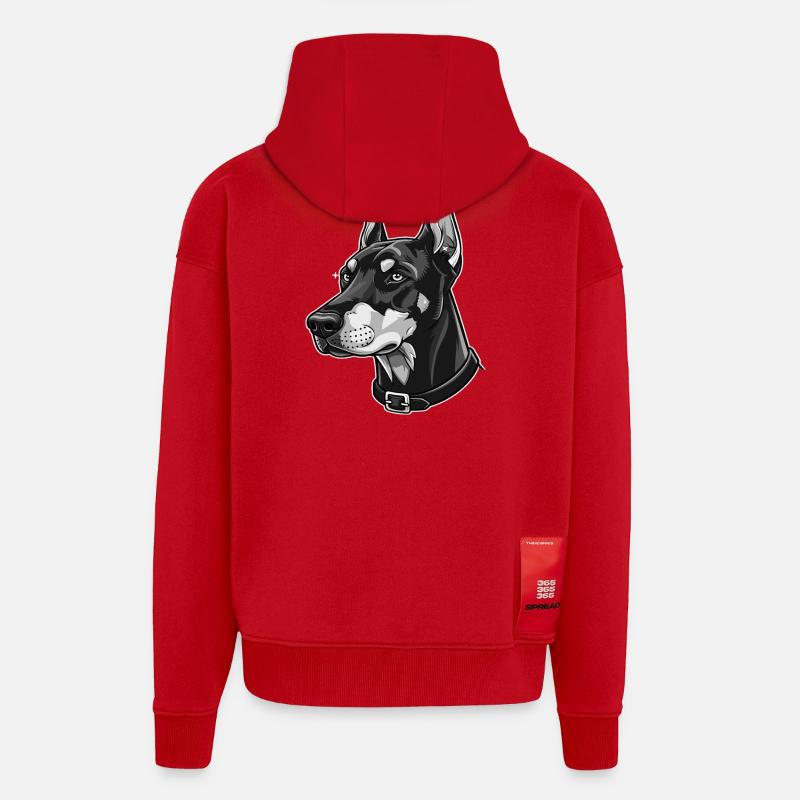 Portrait élégant de doberman - Veste à capuche bio épaisse oversize fabriqué en UE - rouge