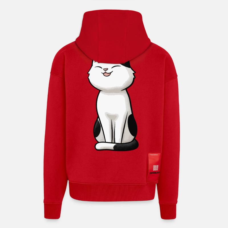 Chat blanc avec des taches noires - Veste à capuche bio épaisse oversize fabriqué en UE - rouge