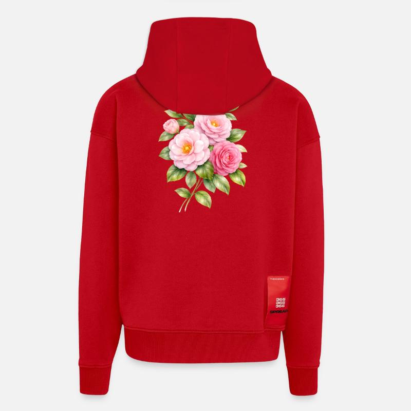 Illustration des fleurs de camélia rose - Veste à capuche bio épaisse oversize fabriqué en UE - rouge