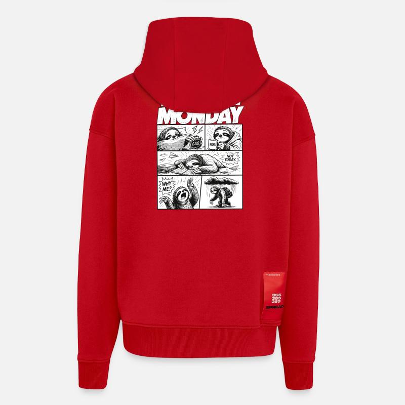 Je déteste Monday Sloth Comic - Veste à capuche bio épaisse oversize fabriqué en UE - rouge