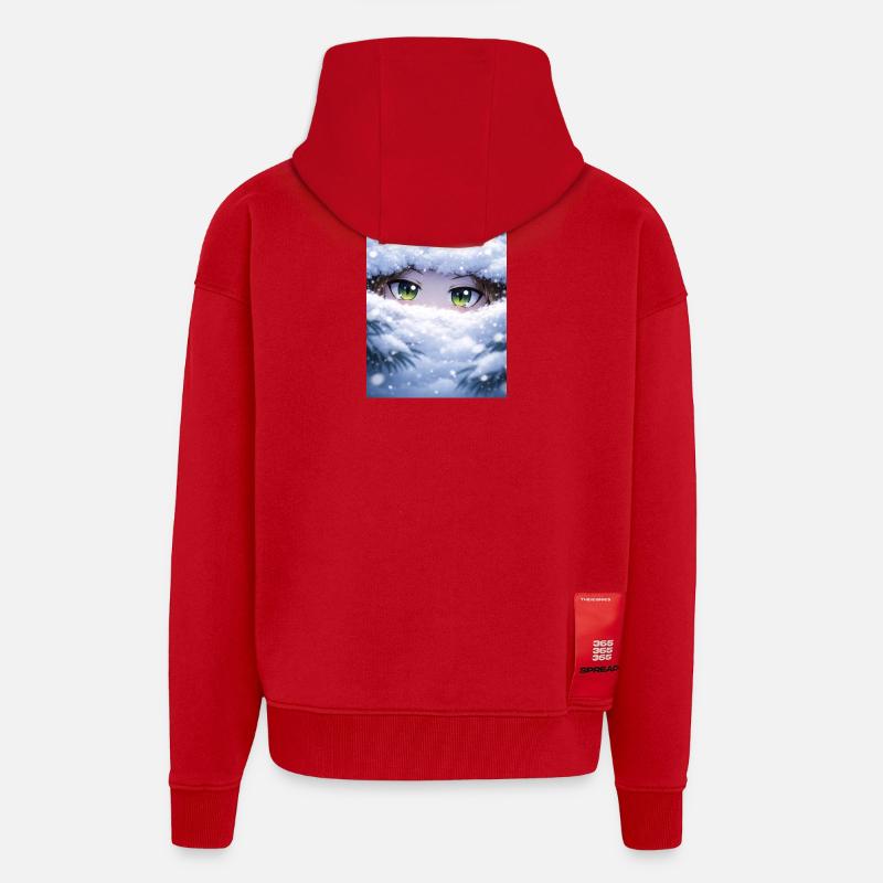 Des yeux d’anime dans la neige - Veste à capuche bio épaisse oversize fabriqué en UE - rouge