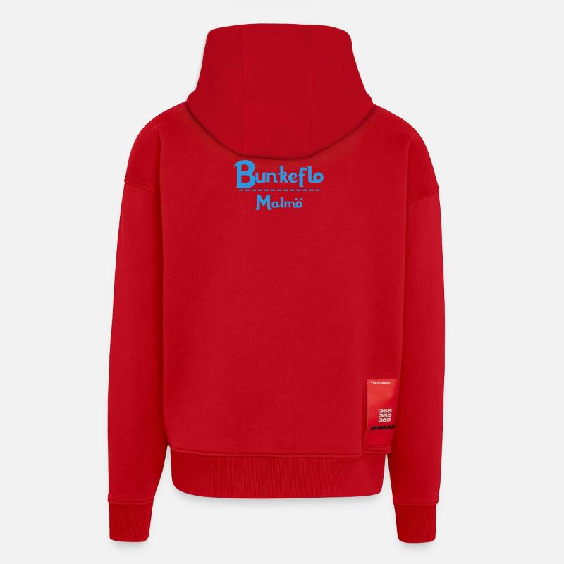 Centrum Malmö – Conception de texte bleu - Veste à capuche bio épaisse oversize fabriqué en UE - rouge