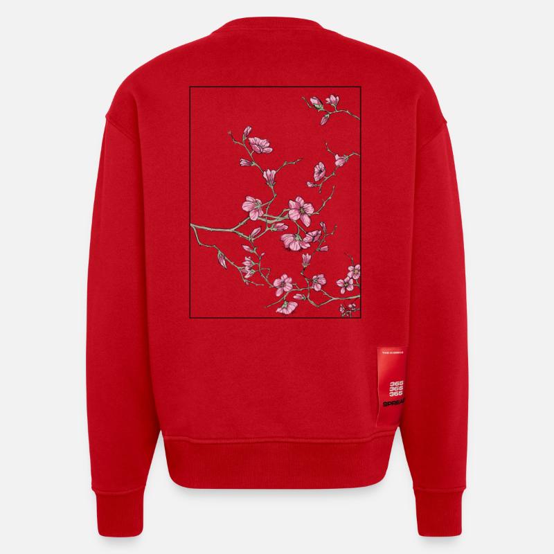 Cherry Blossoms Floral Design - Heavyweight Oversized Organic Crew Neck Made in EU - red