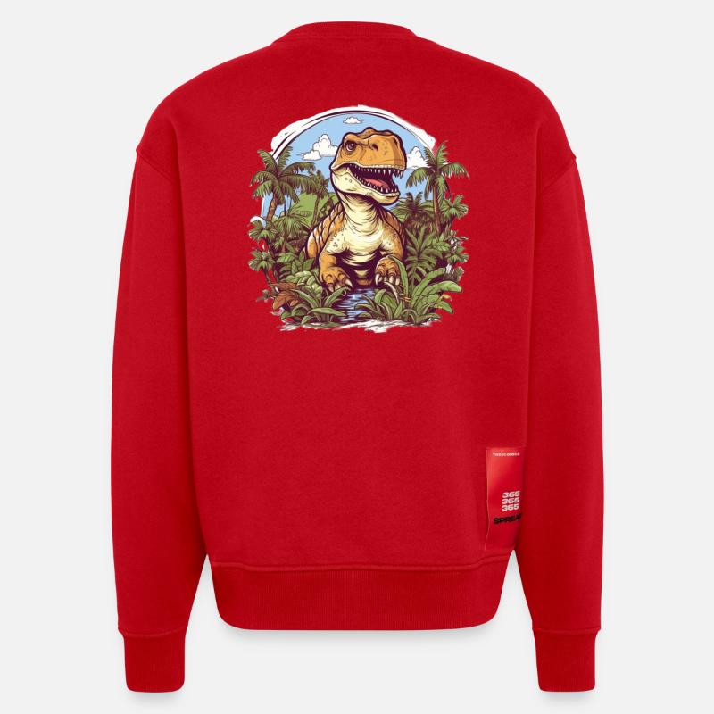 T-Rex Dessin animé Jungle - Sweat bio épais oversize fabriqué en UE - rouge