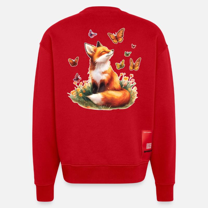 Fuchs mit Schmetterlingen - Heavyweight Oversized Organic Crew Neck Made in EU - Rot