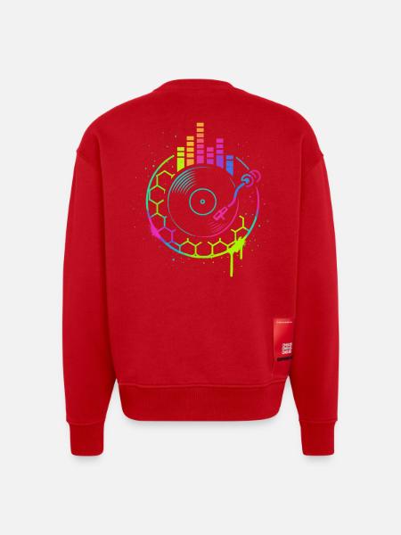 Music Vinyl Turntable DJ Equalizer Retro - Heavyweight Oversized Organic Crew Neck Made in EU - red