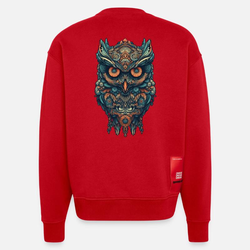 Mythical boho owl with surreal patterns - Heavyweight Oversized Organic Crew Neck Made in EU - red