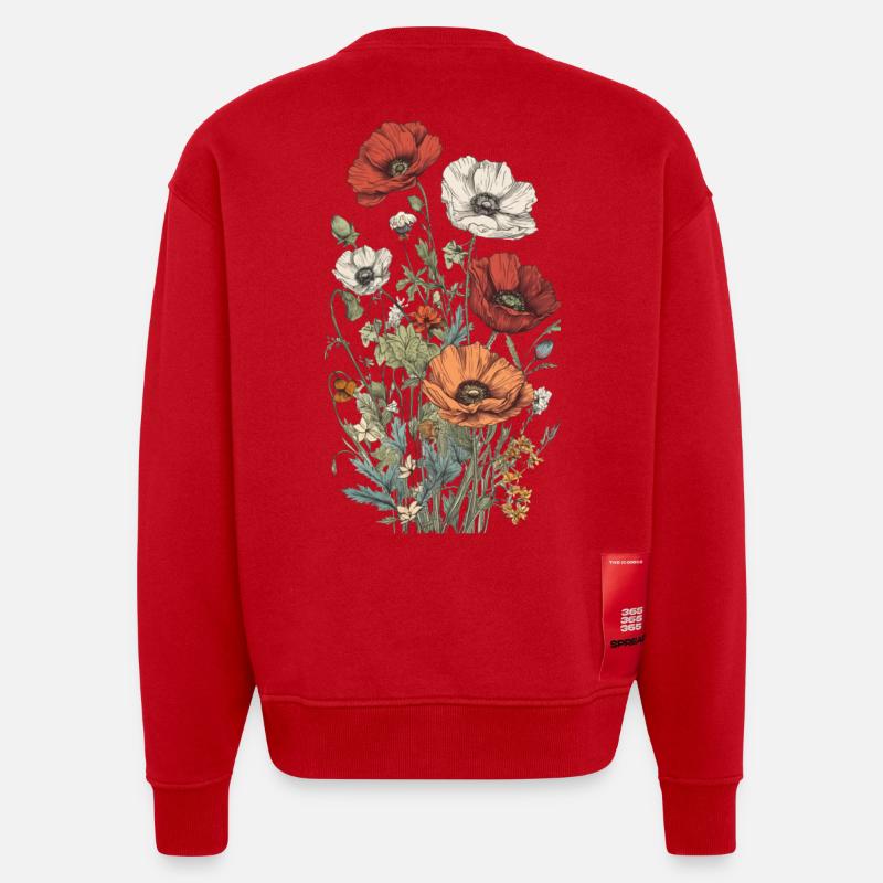 Wunderschönes Boho Mohn Herbarium Bouquet - Heavyweight Oversized Organic Crew Neck Made in EU - Rot