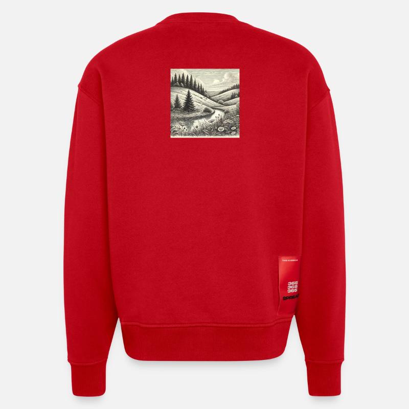 River Forest Landscape Engraving - Heavyweight Oversized Organic Crew Neck Made in EU - red