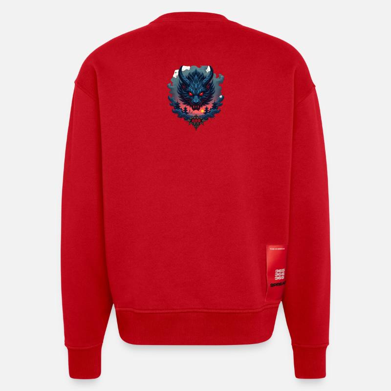 Shadow Oni – Japanischer Dämonenwolf - Heavyweight Oversized Organic Crew Neck Made in EU - Rot