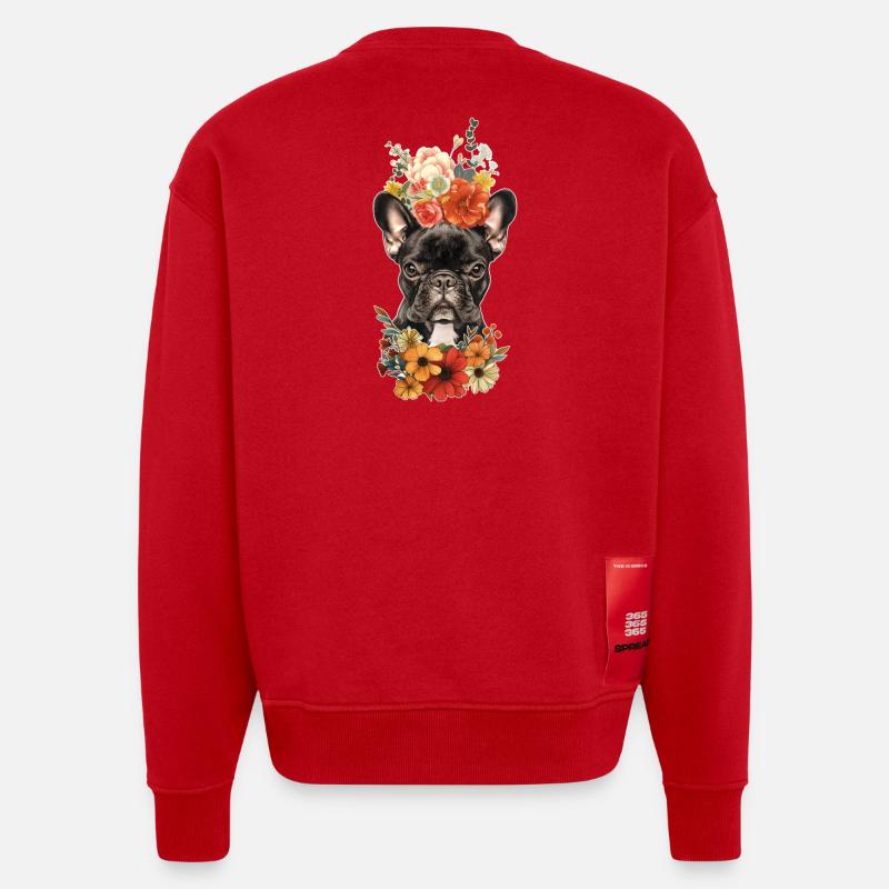 Bouledogue français avec des fleurs - Sweat bio épais oversize fabriqué en UE - rouge