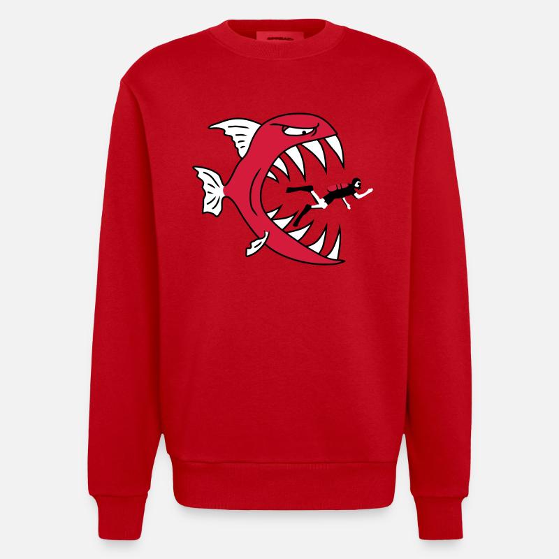 Monster Fish Eats Diver - Heavyweight Oversized Organic Crew Neck Made in EU - red