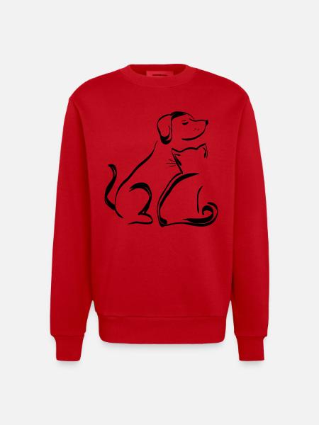 Dog & Cat Outline Black - Heavyweight Oversized Organic Crew Neck Made in EU - red