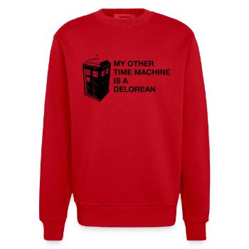My other Timemachine is a Delorean - Heavyweight Oversized Organic Crew Neck Made in EU - Rot - Vorne - AI Model Female 172 light (172cm) & AI Model Male 178 light (178cm)