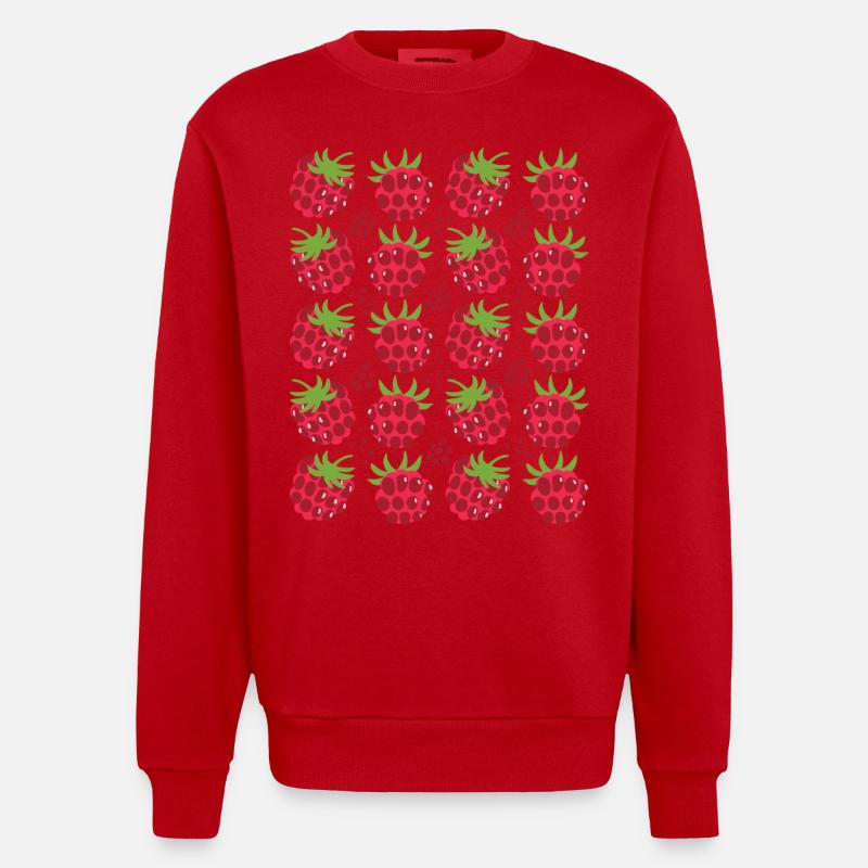 Raspberry Berries Fruit Pattern - Heavyweight Oversized Organic Crew Neck Made in EU - red