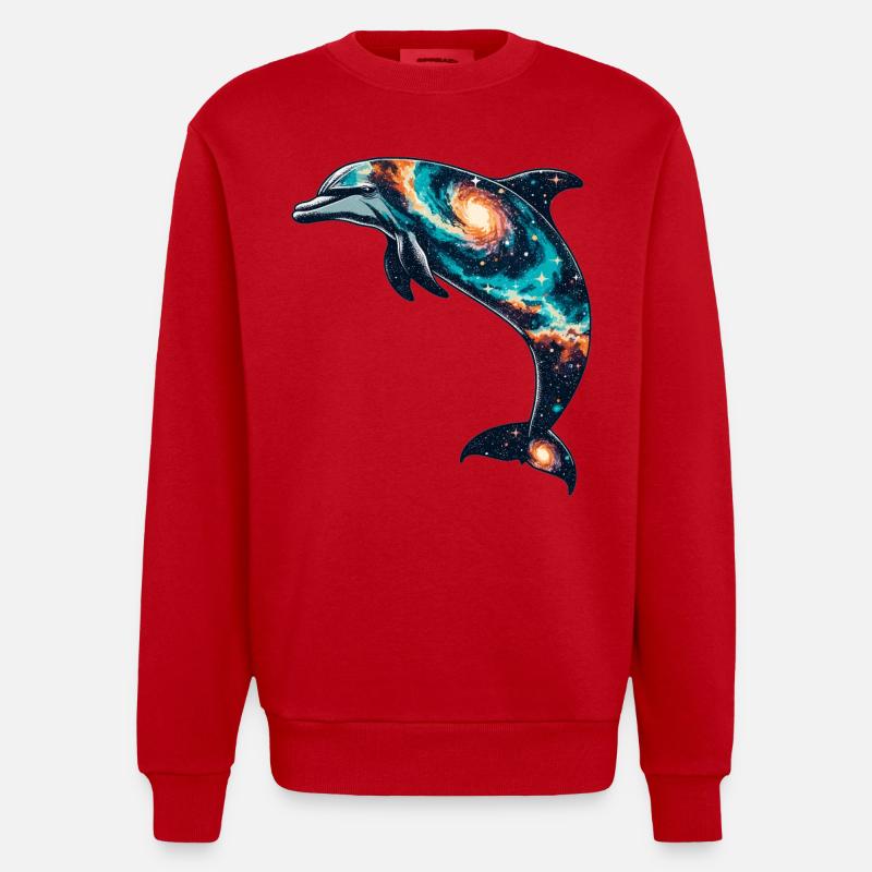 Dolphin Space Galaxy Universe - Heavyweight Oversized Organic Crew Neck Made in EU - red