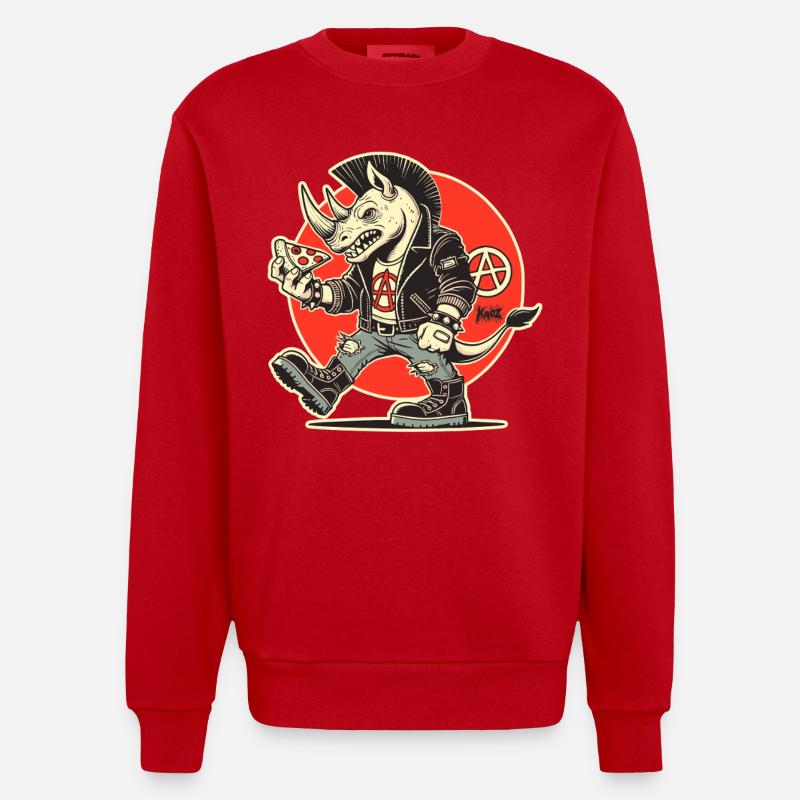 Anarchy Punk Rhino avec Pizza - Sweat bio épais oversize fabriqué en UE - rouge