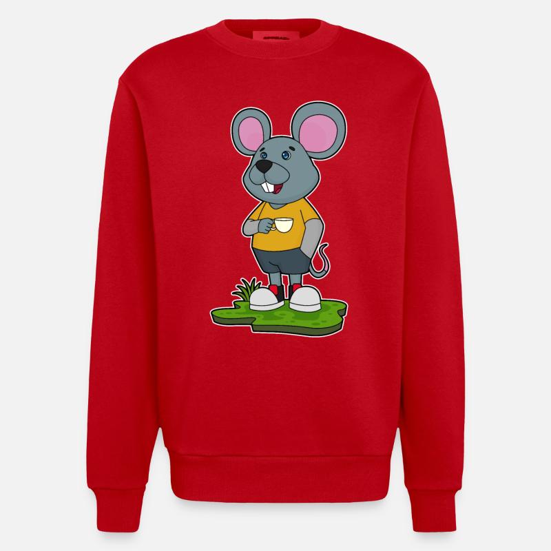 Mouse with coffee cup - Heavyweight Oversized Organic Crew Neck Made in EU - red
