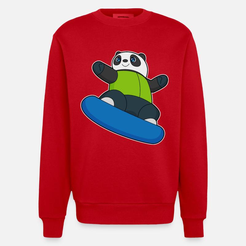 Panda en snowboarder avec snowboard - Sweat bio épais oversize fabriqué en UE - rouge