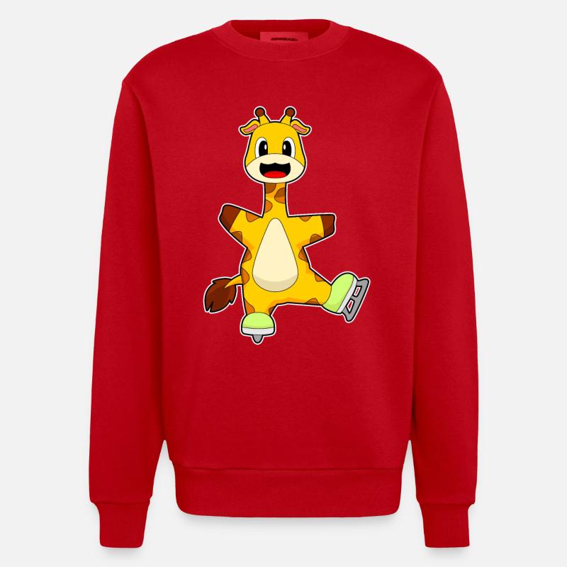 Giraffe Eislaufen Schlittschuhe - Heavyweight Oversized Organic Crew Neck Made in EU - red