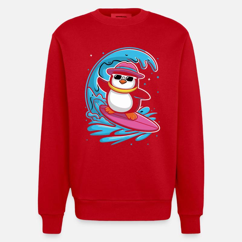 Surf Pingouin Vagues Aventure Fun - Sweat bio épais oversize fabriqué en UE - rouge
