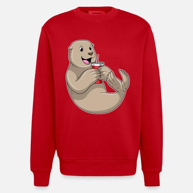 Seehund mit Becher mit Strohhalm - Heavyweight Oversized Organic Crew Neck Made in EU - Rot