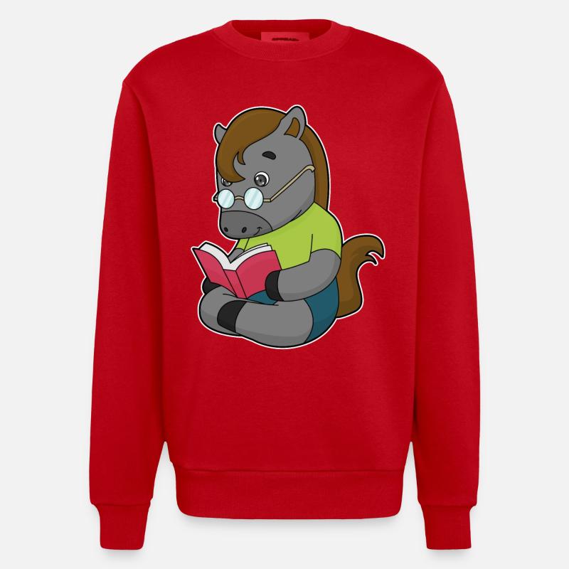 Pferd Nerd Buch Brille - Heavyweight Oversized Organic Crew Neck Made in EU - Rot